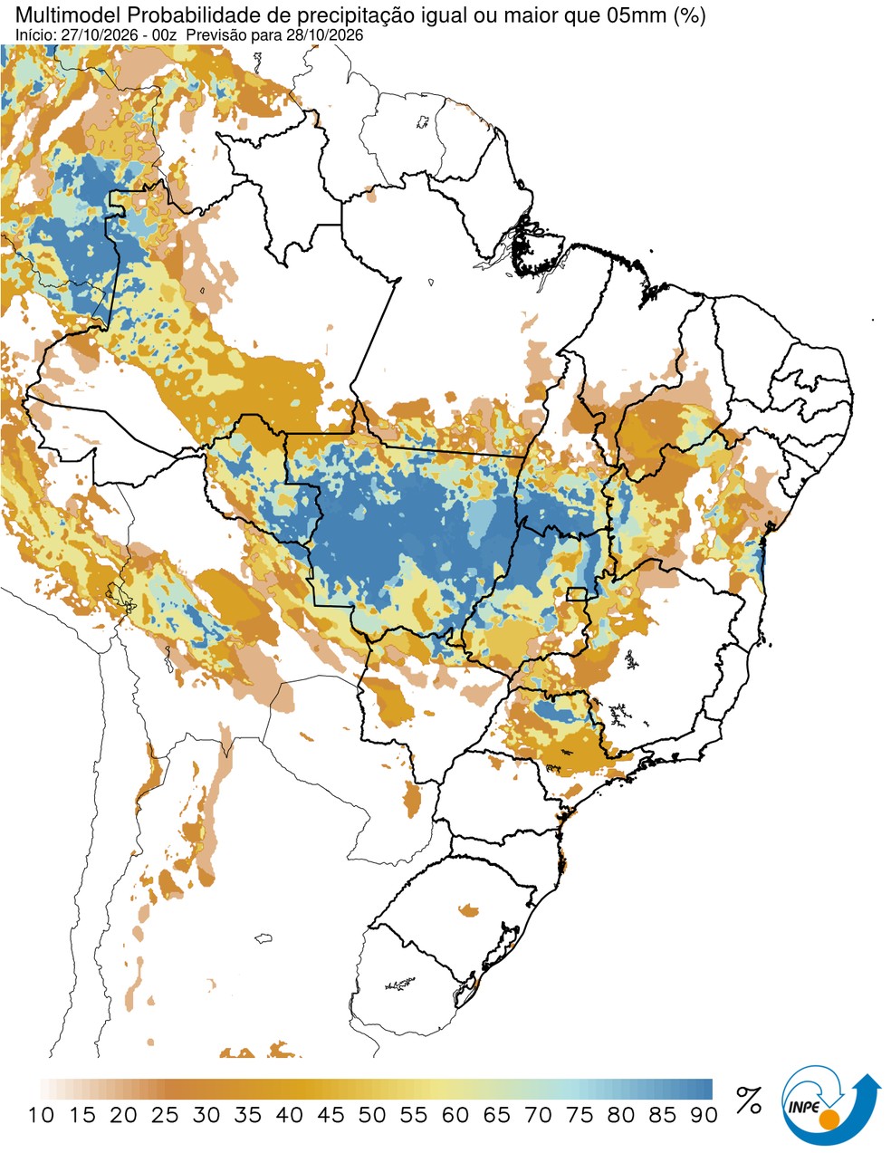 Mapa mostra previsão de chuva para esta quarta (28/10) em todo o Brasil. — Foto: CPTEC/Inpe