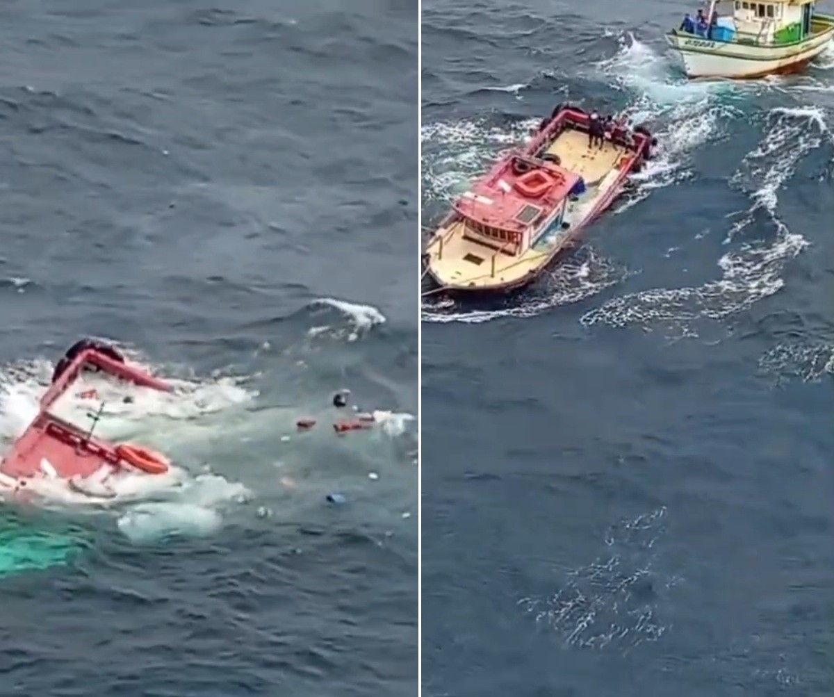Tripulantes saltam no mar para escapar de embarcação que afundou em frente à plataforma PCP-1/3, na Bacia de Campos