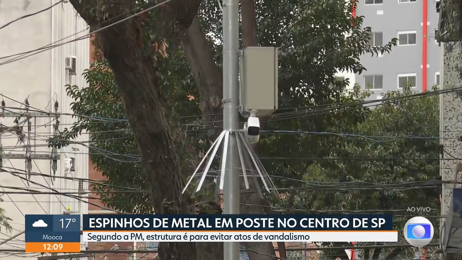Poste com espinhos metálicos chama atenção no Centro de SP; estrutura protege câmeras de segurança