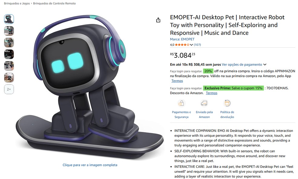EMO é um robô infantil com IA que é vendido por R$ 3.084,23 no Brasil. — Foto: Reprodução/Amazon