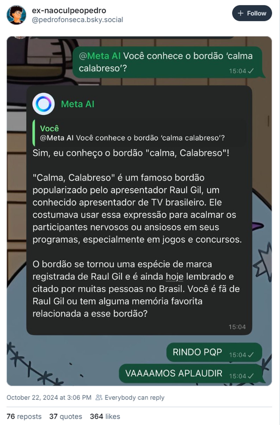 Meta AI diz que a expressão 'Calma, Calabreso' foi criado pelo apresentador Raul Gil, o que também é falso — Foto: Reprodução/Bluesky