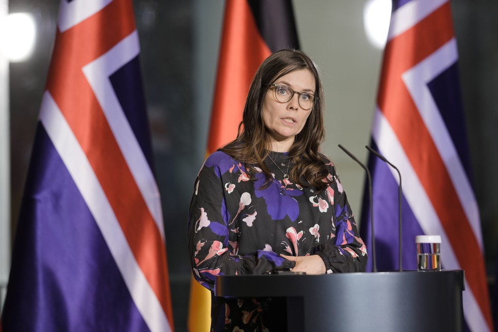 Primeira-ministra da Islândia, Katrin Jakobsdottir, fala durante evento em Berlim no dia 25 de janeiro de 2023 — Foto: Markus Schreiber/AP