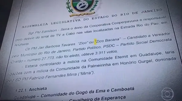 Trecho do relatório da CPI das Milícias que cita Zico Bacana — Foto: Reprodução