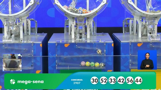 Mega-Sena, concurso 2.907: resultado - Veja os números sorteados: 30 - 33 - 42 - 44 - 52 - 56. Prêmio é de R$ 3.328.648,01.