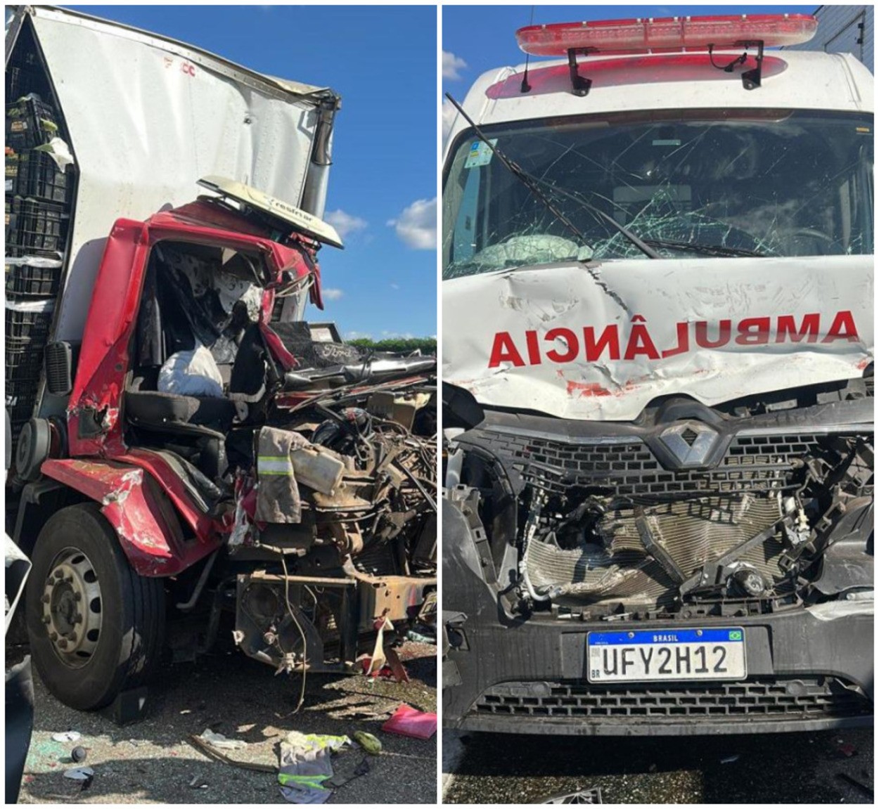 Grave acidente mata 1 pessoa e fere 3 em colisão com caminhão, carretas e ambulância no interior de SP