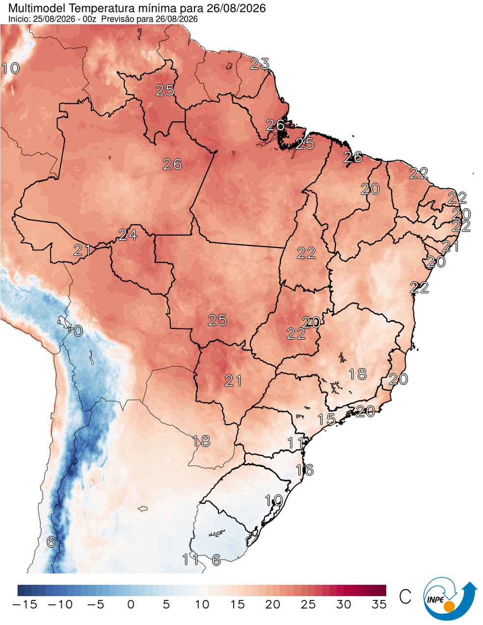 Temperaturas mínimas previstas para esta quarta em todo o Brasil. — Foto: CPTEC/Inpe