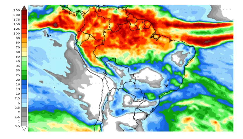  Previsão de chuva para 2ª semana de maio. Tons mais quentes indicam maiores acumulados de chuva. — Foto: Reprodução/Inmet