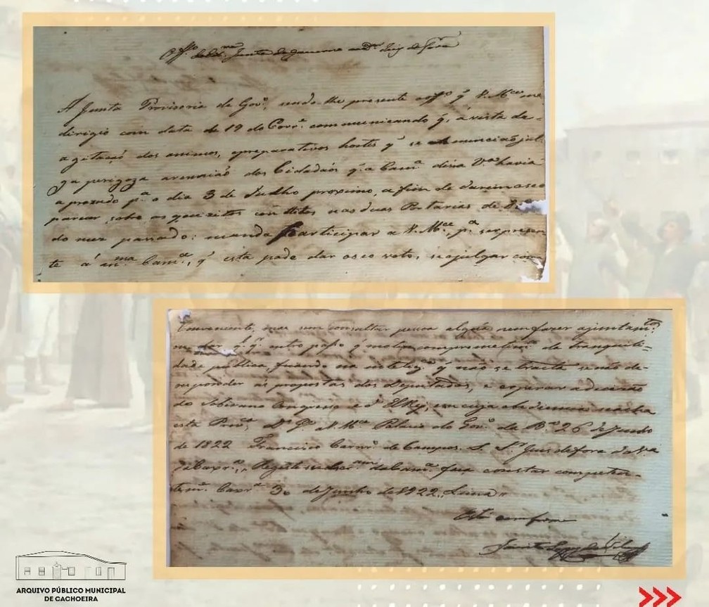 Documentos de 1822 mostram primeiros momentos da luta por independência em Cachoeira — Foto: Arquivo Público de Cachoeira
