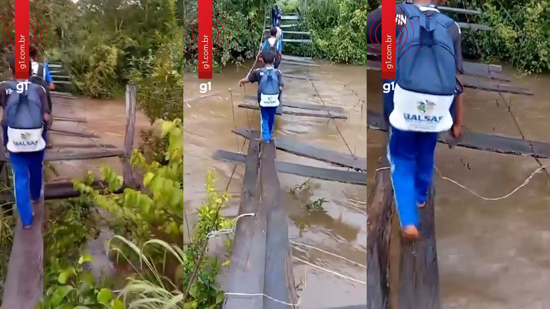 Crianças se arriscam em travessia de ponte deteriorada para chegar à escola no interior do MA