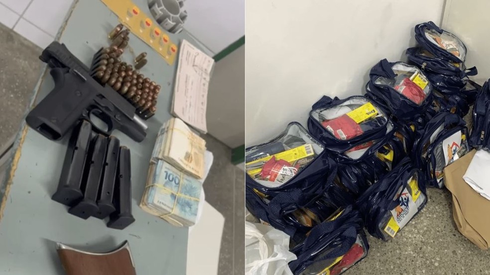 Armas, munições, R$ 76 mil em espécie, além de medicamentos. — Foto: MPE/Divulgação