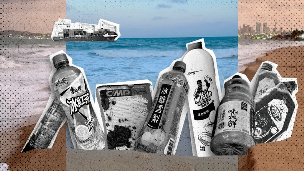 Montagem com algumas das embalagens achadas na praia do Segredo, em Natal — Foto: BBC