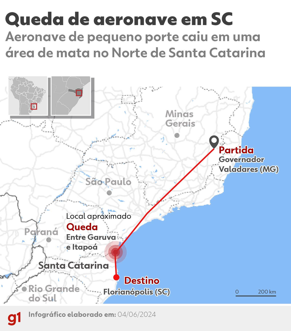 Local onde avião de pequeno porte caiu em Santa Catarina — Foto: Arte/g1