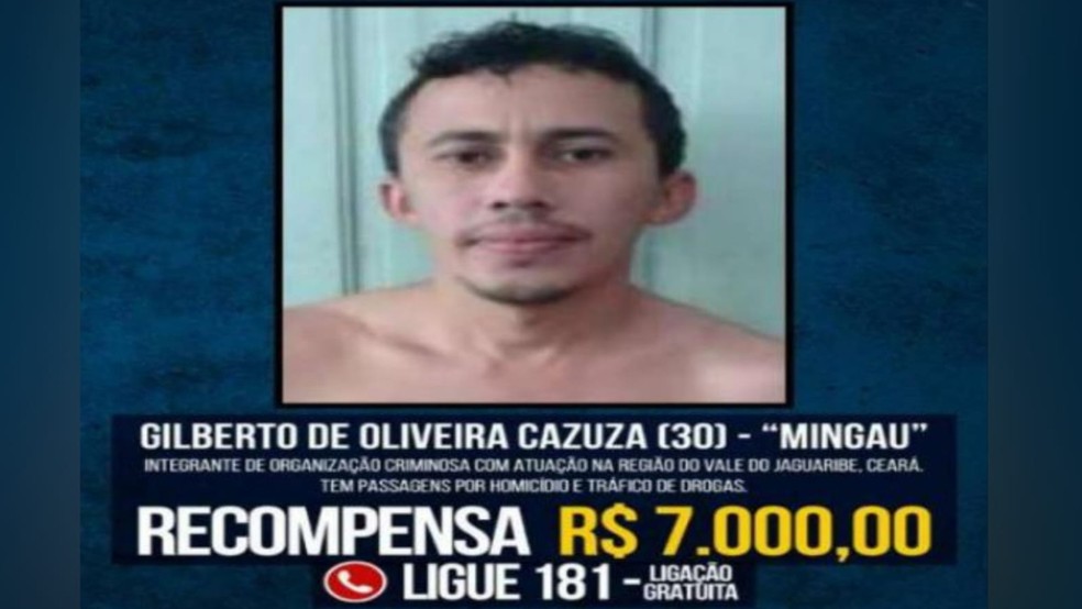 Gilberto de Oliveira Cazuza ("Mingau") figura na lista dos criminosos mais procurados do Ceará. — Foto: SSPDS/ Reprodução