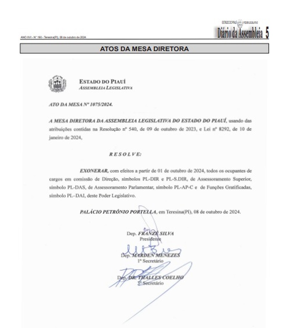 Assembleia Legislativa exonera funcionários em cargos comissionados — Foto: Diário Oficial da Assembleia Legislativa do Piauí
