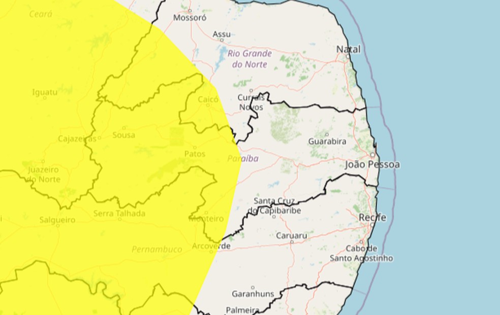 Alerta de baixa umidade para 105 cidades na Paraíba — Foto: Reprodução Inmet.
