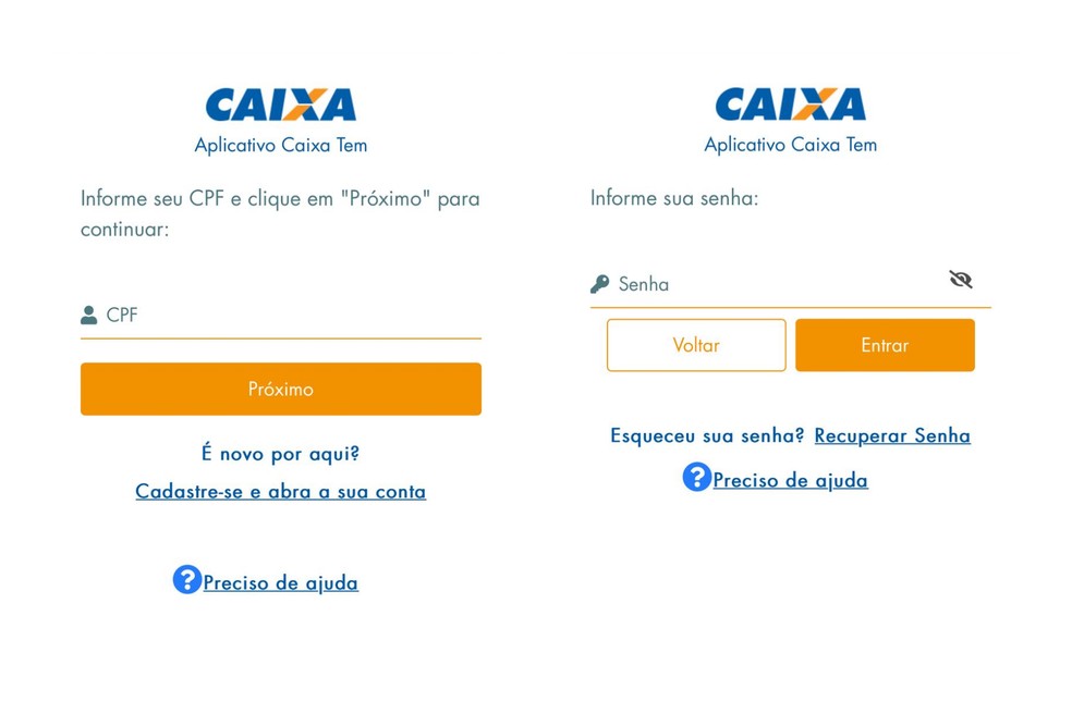 Etapas para login no app Caixa Tem. — Foto: Reprodução