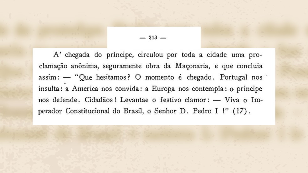 Trecho do livro 'Hist�ria da Independ�ncia do Brasil', de Francisco Adolfo de Varnhagen � Foto: Funda��o Alexandre de Gusm�o / Reprodu��o