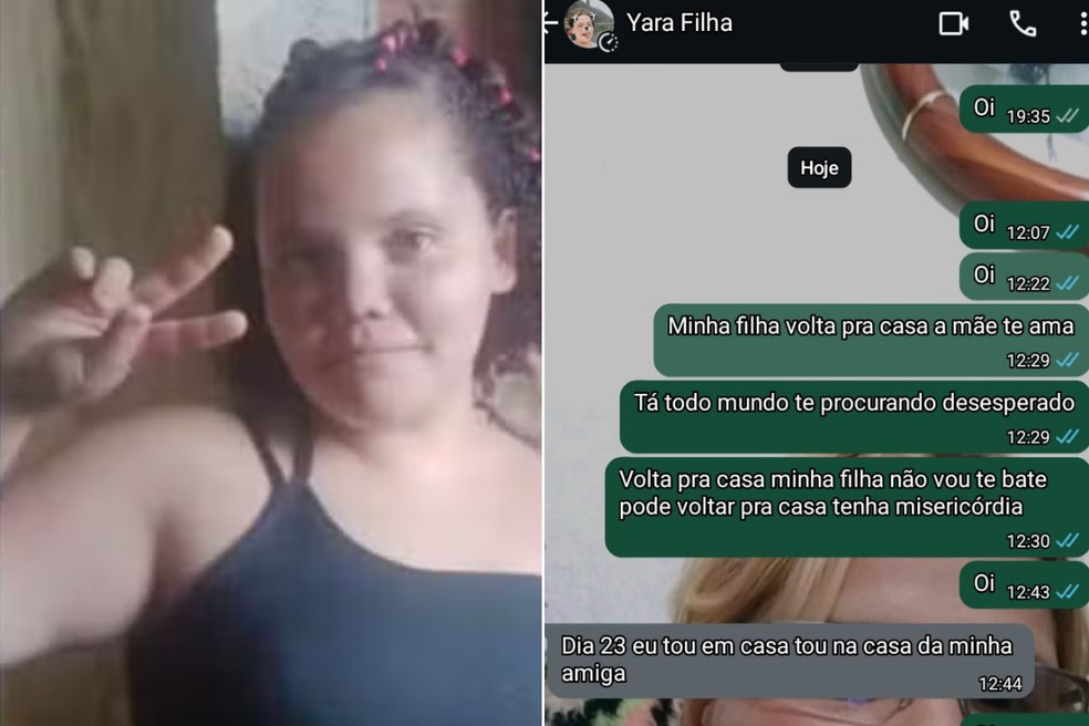 Yara Melo Delfino, que desapareceu após sair de casa em Santos, enviou mensagem à mãe dizendo que retorna dia 23 — Foto: Arquivo Pessoal e Reprodução