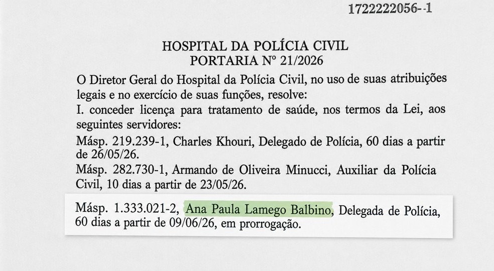 Publicação do Diário Oficial do Estado, desta quinta-feira (11), onde consta renovação de licença da delegada Ana Paula Lamego Balbino. — Foto: DOE-MG