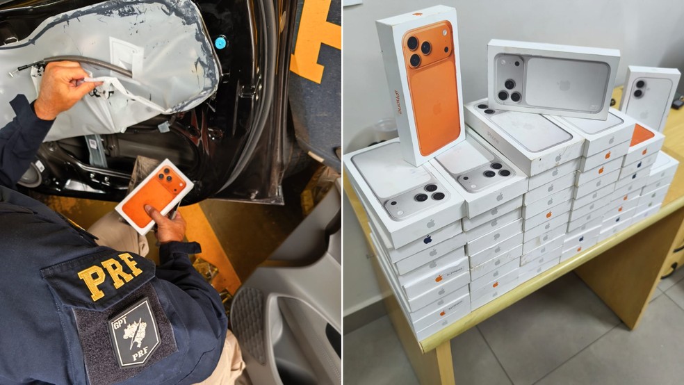 1 de 2
Dupla &eacute; presa com mais de 50 smartphones escondidos em forro de carro em Ourinhos &mdash; Foto: Pol&iacute;cia Rodovi&aacute;ria Federal/reprodu&ccedil;&atilde;o