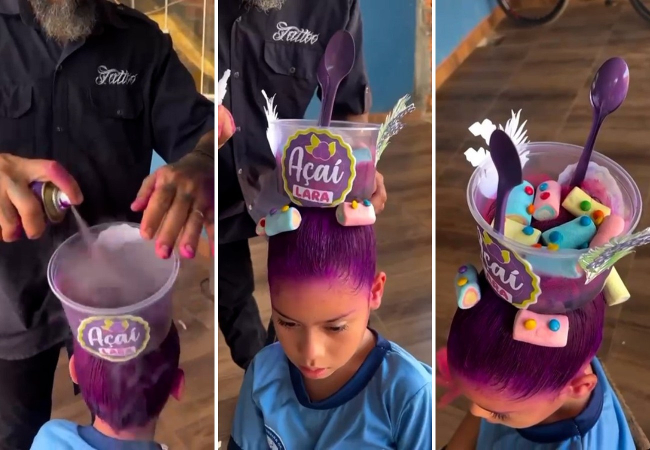 Pai faz cabelo maluco de açaí na filha e tem surpresa no final do dia: 'Comeram os marshmallows'