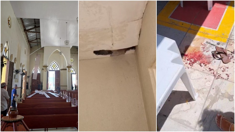 Explosão de fogo de artifício danificou forro e o teto de igreja, e machucou fiéis — Foto: TV Verdes Mares/Reprodução