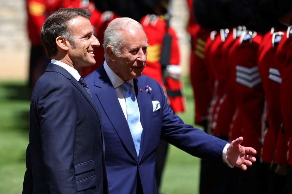 Rei Charles III recebeu presidente da França, Emmanuel Macron, no Palácio de Buckingham em 8 de julho de 2025. — Foto: Ludovic Marin/Pool via REUTERS