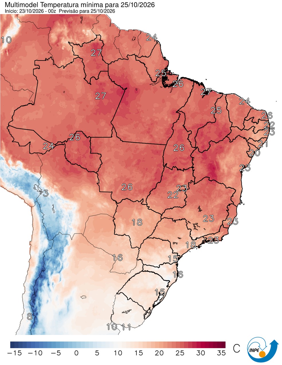 Temperaturas mínimas previstas para este domingo de eleição (25/10) em todo o Brasil. — Foto: CPTEC/Inpe