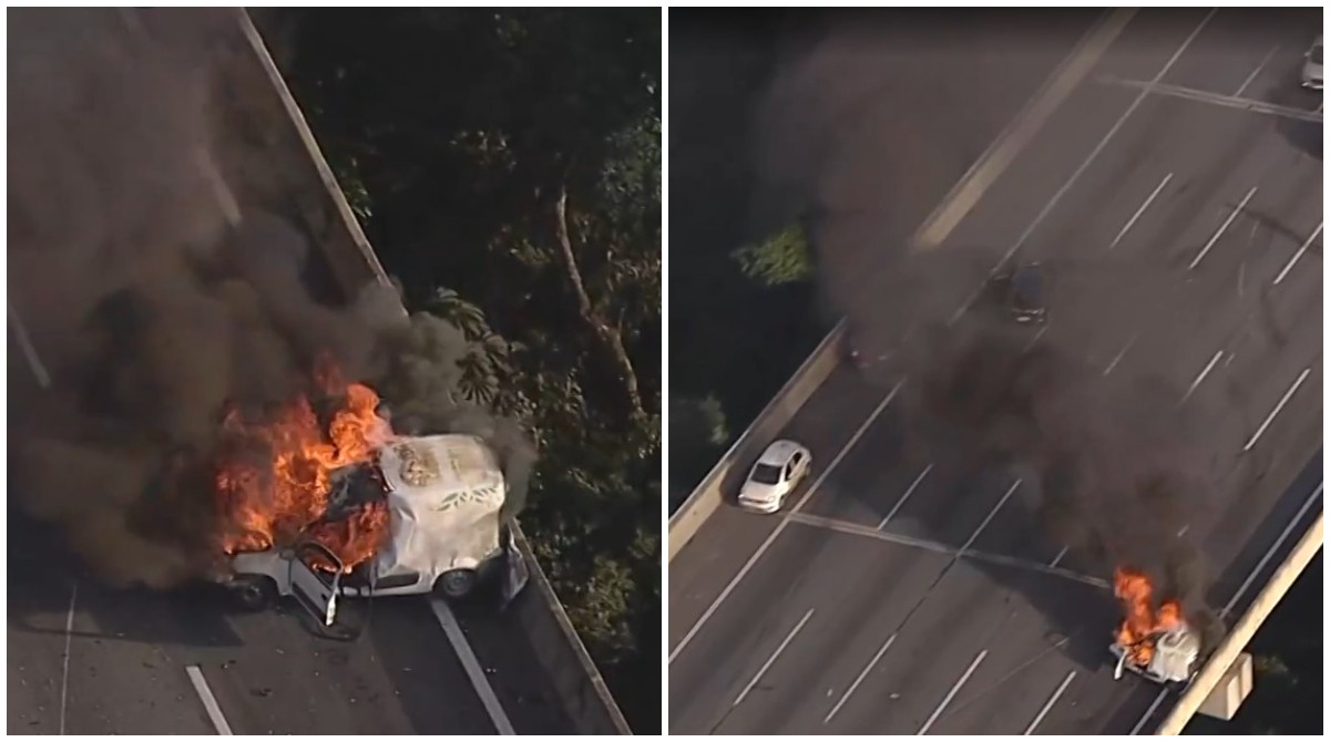 Carro em chamas interdita Rodovia Bandeirantes no sentido capital