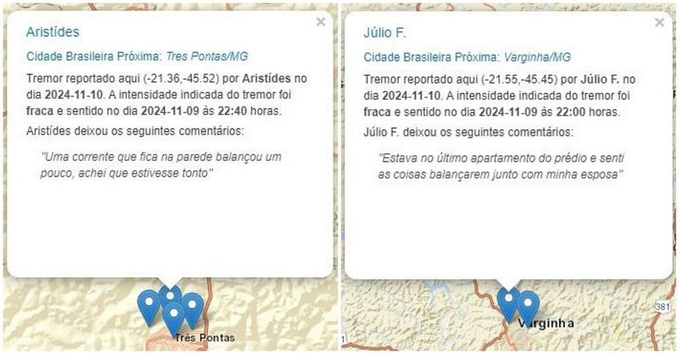 Moradores de cidades como Três Pontas (MG) e Varginha (MG) relataram tremores por volta de 22h de sábado (9) — Foto: Reprodução / Centro de Sismologia da Universidade de São Paulo (USP)
