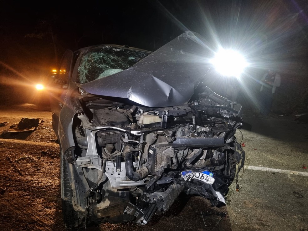 Quatro pessoas estavam na caminhonete e ficaram feridas — Foto: PMRv/Divulgação