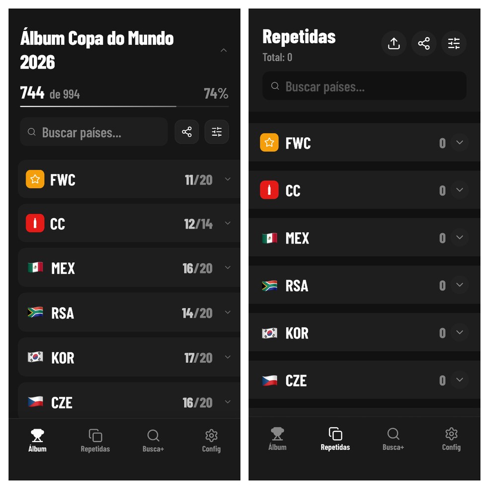 App Figurinhas da Copa ajuda a organizar a coleção de cromos — Foto: Reprodução