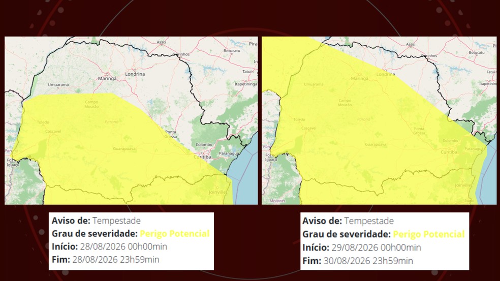 Alertas sobre o perigo potencial de tempestades neste final de semana — Foto: Reprodução/Inmet