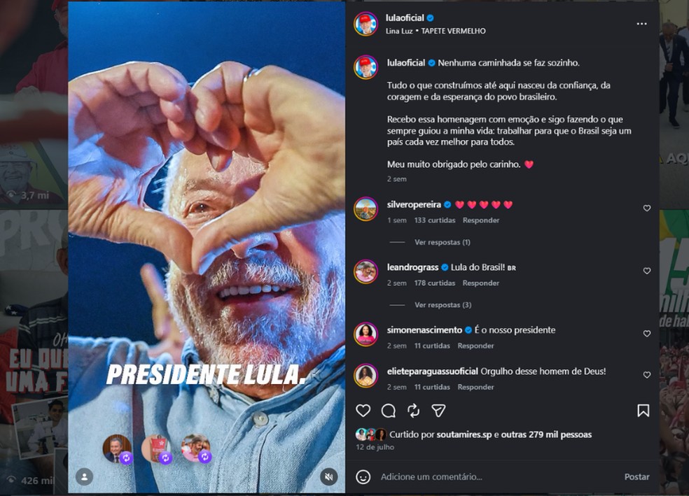 Lula compartilha vídeo ao som de “Tapete Vermelho”, música escrita por Lina Luz e com voz produzida com IA — Foto: Reprodução/Instagram