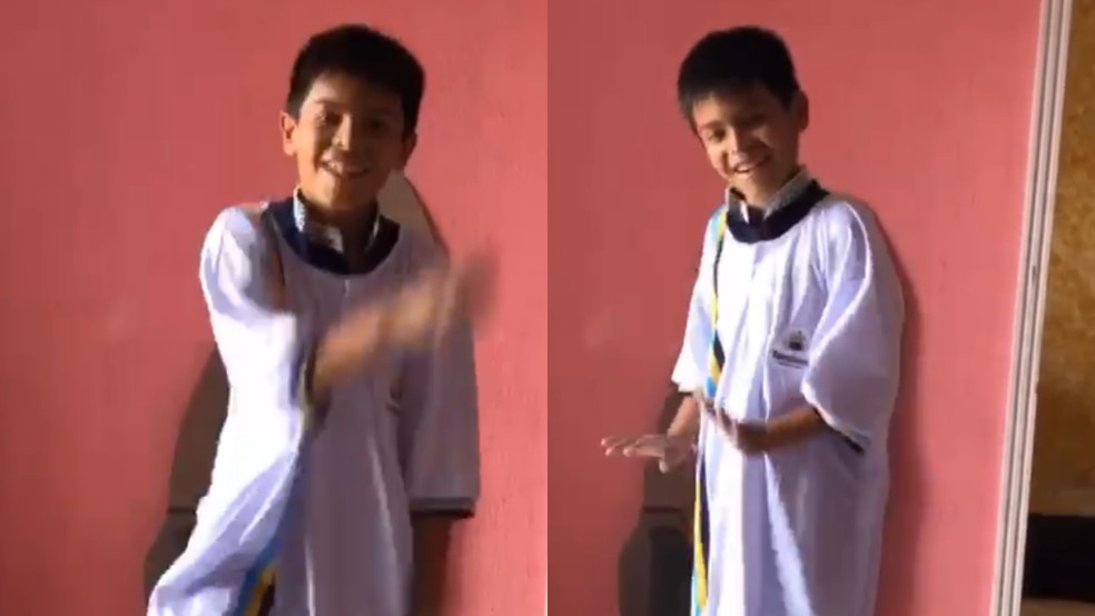 Menino ganha farda ‘gigante’ em escola pública no Ceará e viraliza com dancinha famosa. — Foto: Reprodução