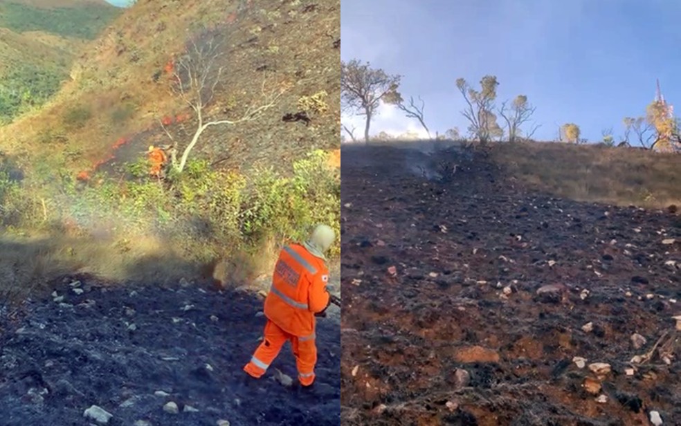 Incêndio que atinge a Serra da Bocaina já queimou pelo menos cinco hectares de mata nativa em Lavras — Foto: Corpo de Bombeiros