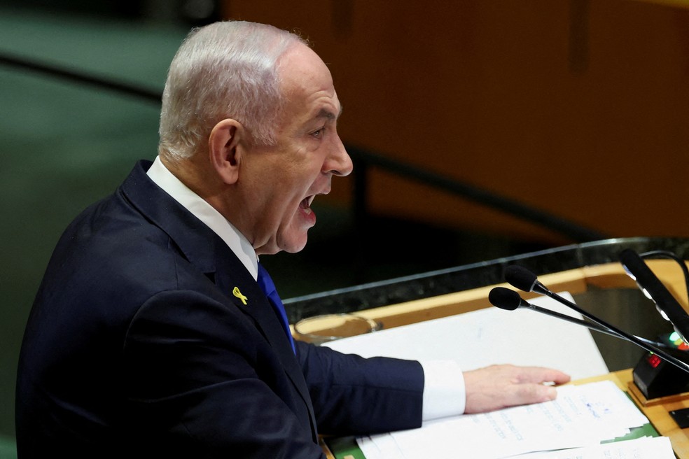 Netanyahu discursa na Assembleia Geral da ONU, em 27 de setembro de 2024 — Foto: Reuters/Mike Segar/File Photo