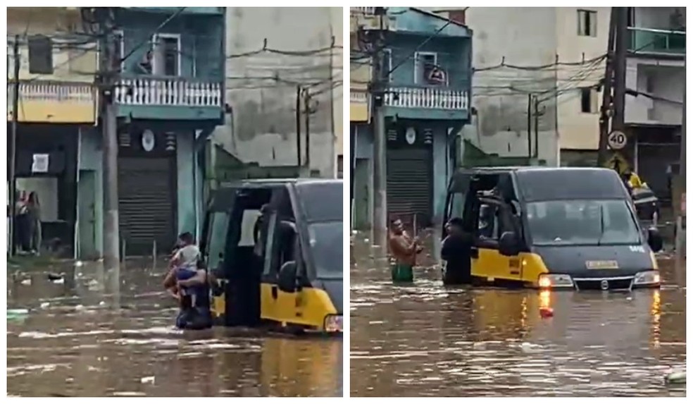 Crianças são resgatadas de van escolar. — Foto: Reprodução/ Jornal Cidade de Guarulhos