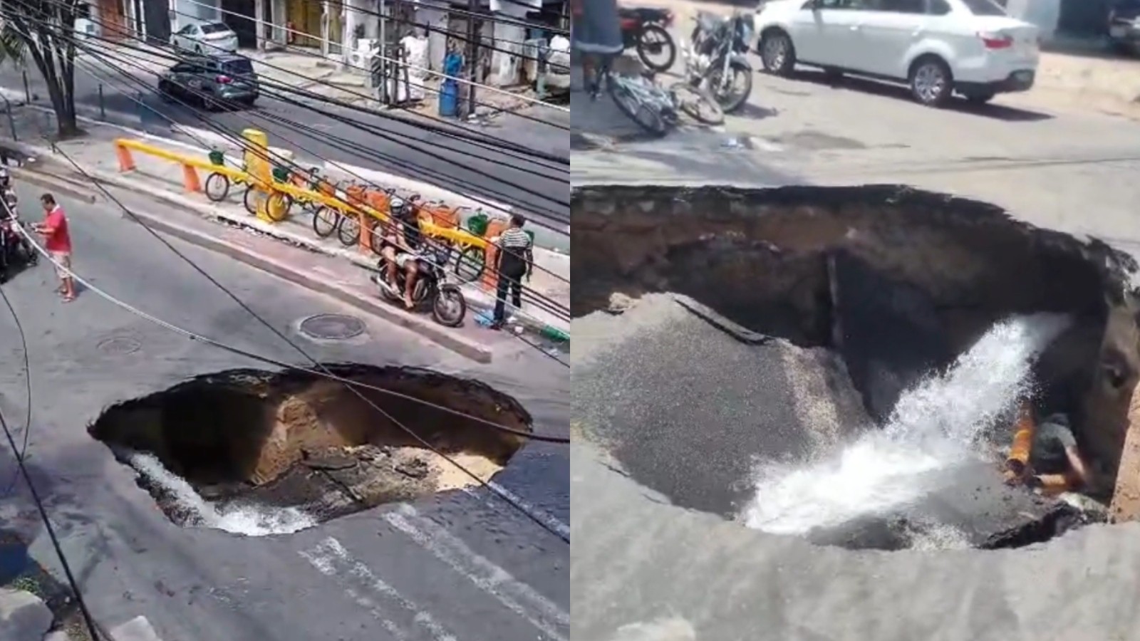 Vídeo: Cratera se abre na Avenida Leste Oeste em Fortaleza e moradores filmam vazamento de água