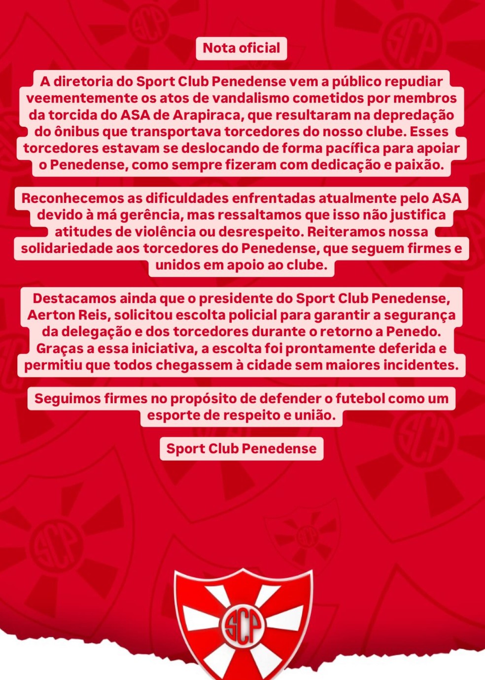Nota do Sport Club Penedense após ônibus com torcedores ser depredado — Foto: Reprodução/Redes sociais