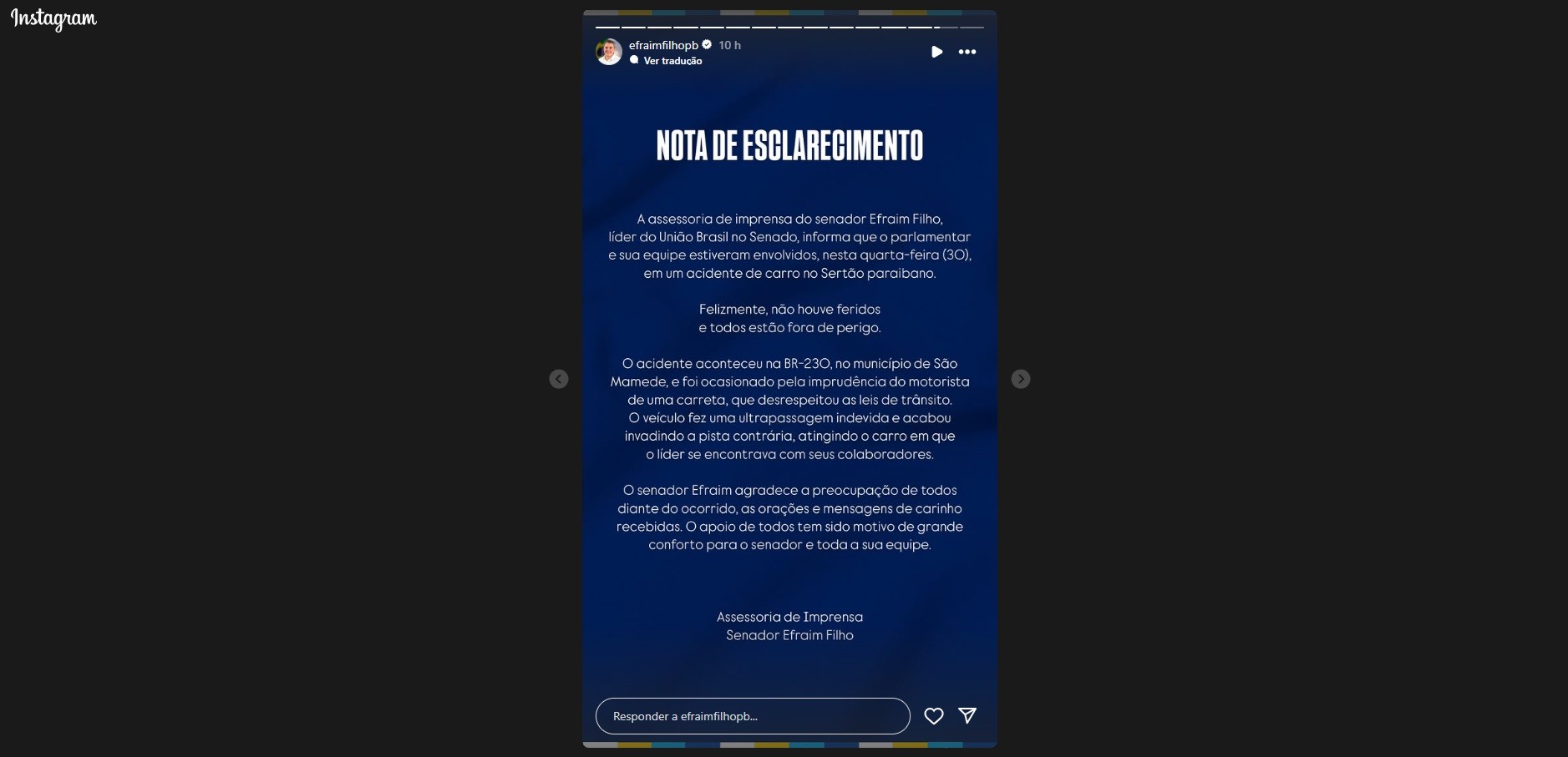 Senador Efraim Filho sofre acidente de carro envolvendo carreta no Sertão da Paraíba