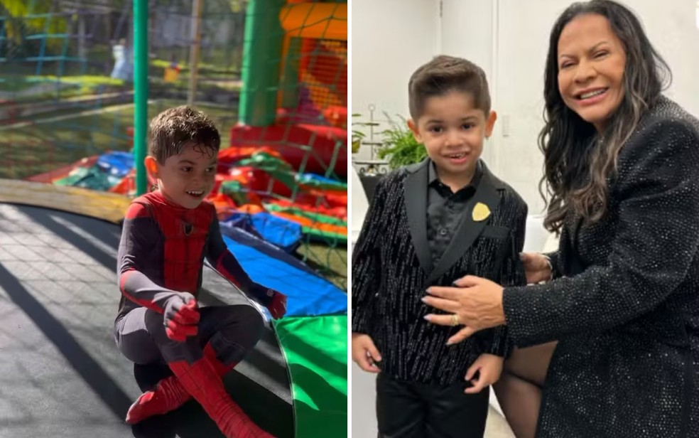 Leo em sua festa de aniversário de 5 anos e com a avó Ruth Moreira — Foto:  Reprodução/Instagram Ruth Moreira