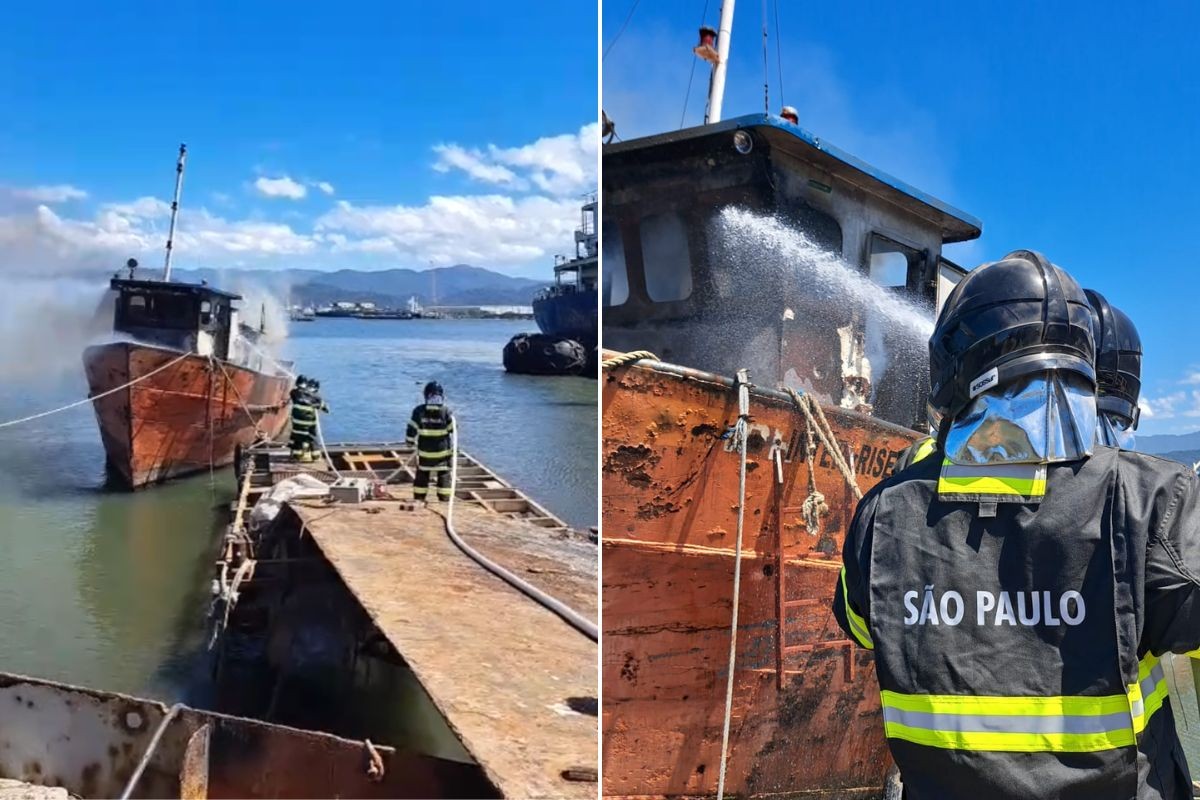 Barco pega fogo e mobiliza bombeiros em marina em Guarujá; veja o vídeo