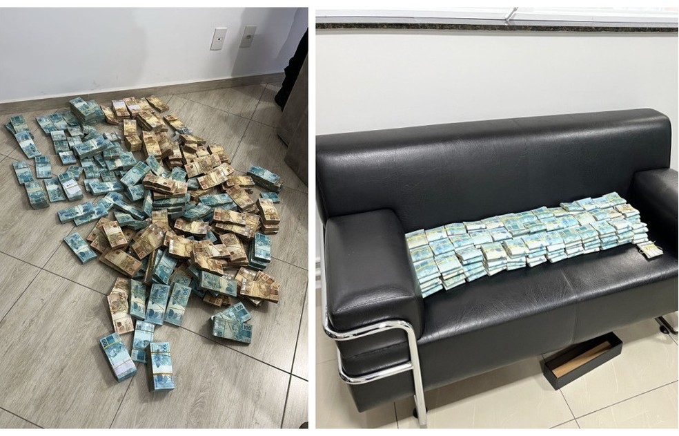 Dinheiro apreendido pela PF nesta quinta-feira (14), em endereços ligados a empresários e servidores que participavam do esquema de corrupção em São Bernardo do Campo (SP). — Foto: Montagem/g1/Reprodução/TV Globo