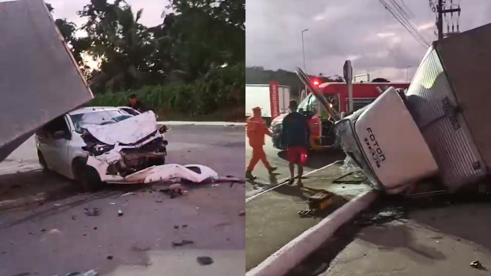 Caminhão-baú tomba, esmaga carro e caminhoneiro fica preso às ferragens; VÍDEO