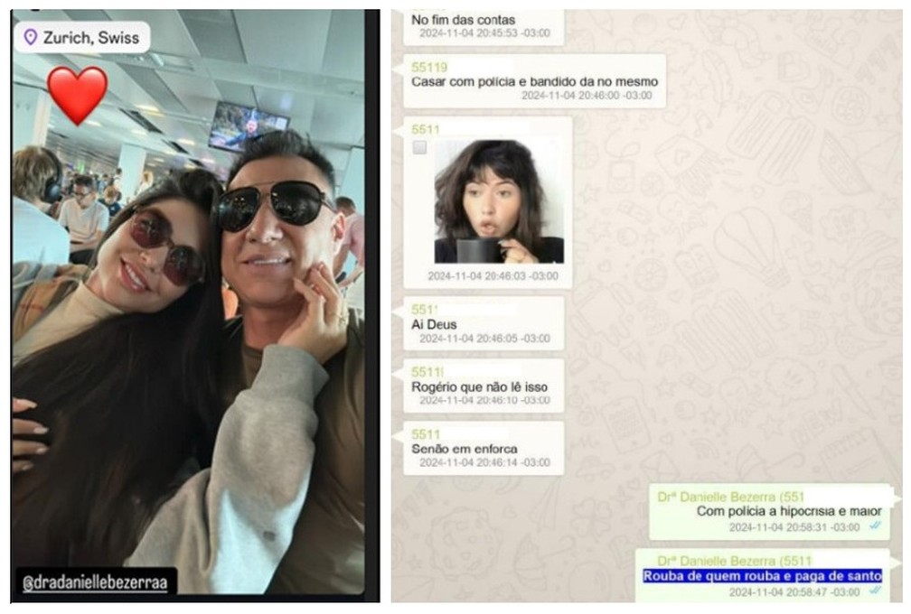 Mensagens de Danielle Bezerra interceptadas pela investigação do MP-SP, onde ela fala do marido, acusado de envolvimento com o PCC. — Foto: Reprodução/Instagram