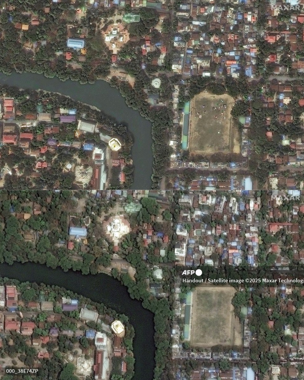 Esta combinação de imagens de satélite divulgadas pela Maxar Technologies em 29 de março de 2025 mostra pagodes desmoronados e um campo de atletismo sendo usados ​​como uma possível área de alívio (acima) em Mandalay, Mianmar, após o terremoto de 27 de março de 2025 e a mesma área em 23 de março (abaixo). — Foto: Handout / Satellite image ©2025 Maxar Technologies / AFP