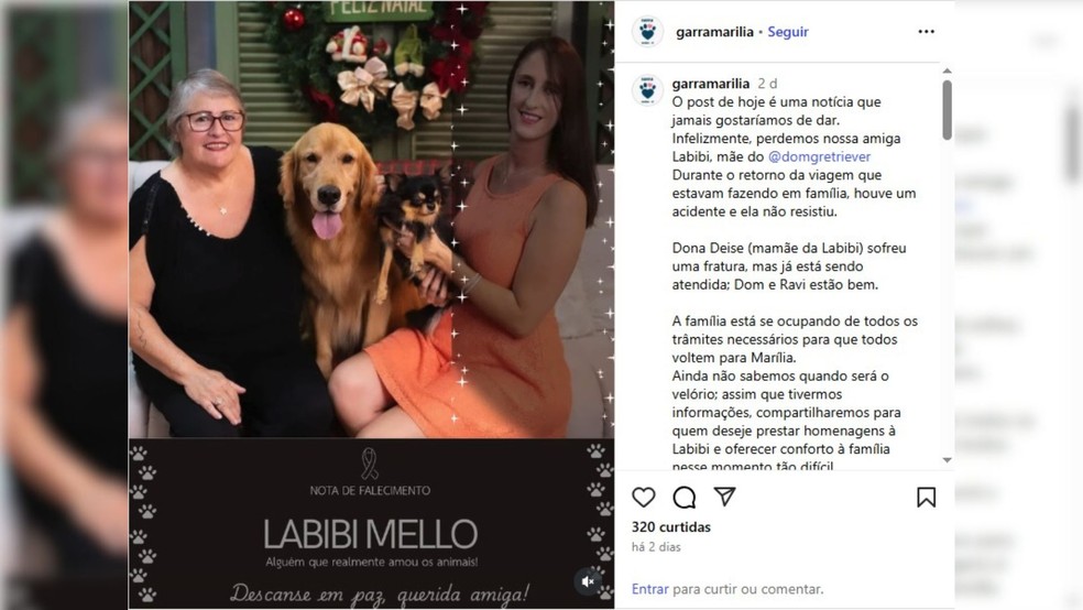 Em nota publicada nas redes sociais, Garra lamentou a morte de Labibi Mello — Foto: Reprodução/Instagram