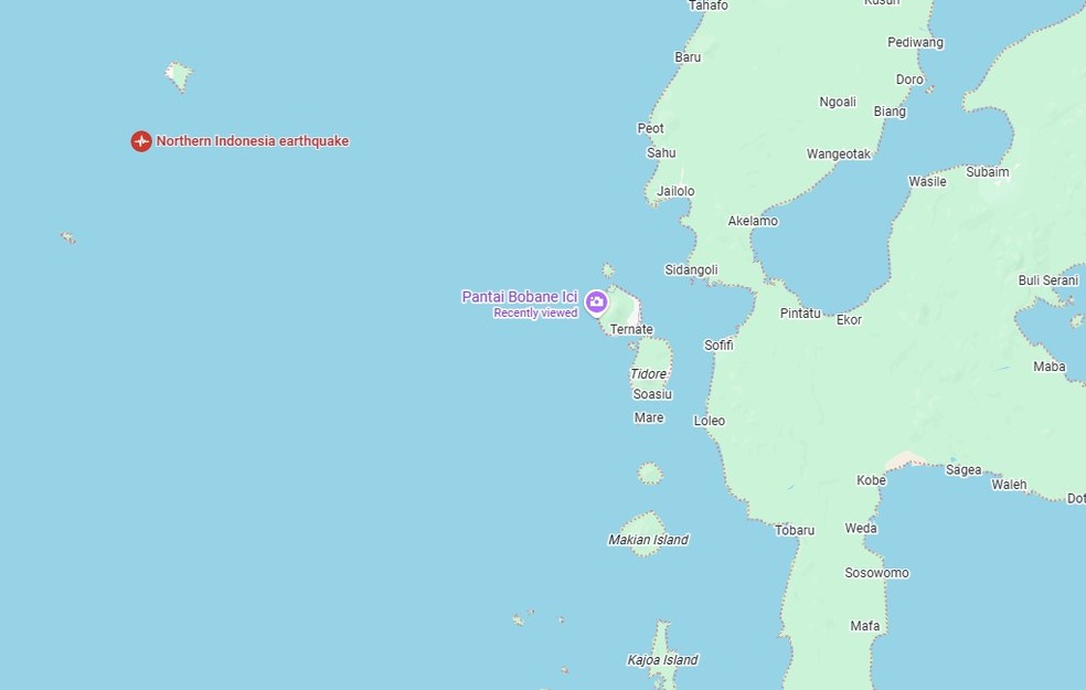 Google Maps mostra localização do epicentro do terremoto no norte da Indonésia — Foto: Reprodução/Google Maps