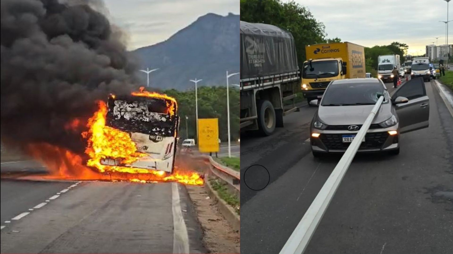 VÍDEO: ônibus pega fogo e poste atravessa para-brisa de carro em acidentes na Rodovia do Contorno